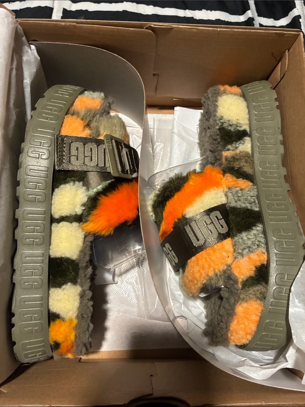 UGG Kids Multi-Color Fluff Slide with Branded Strap